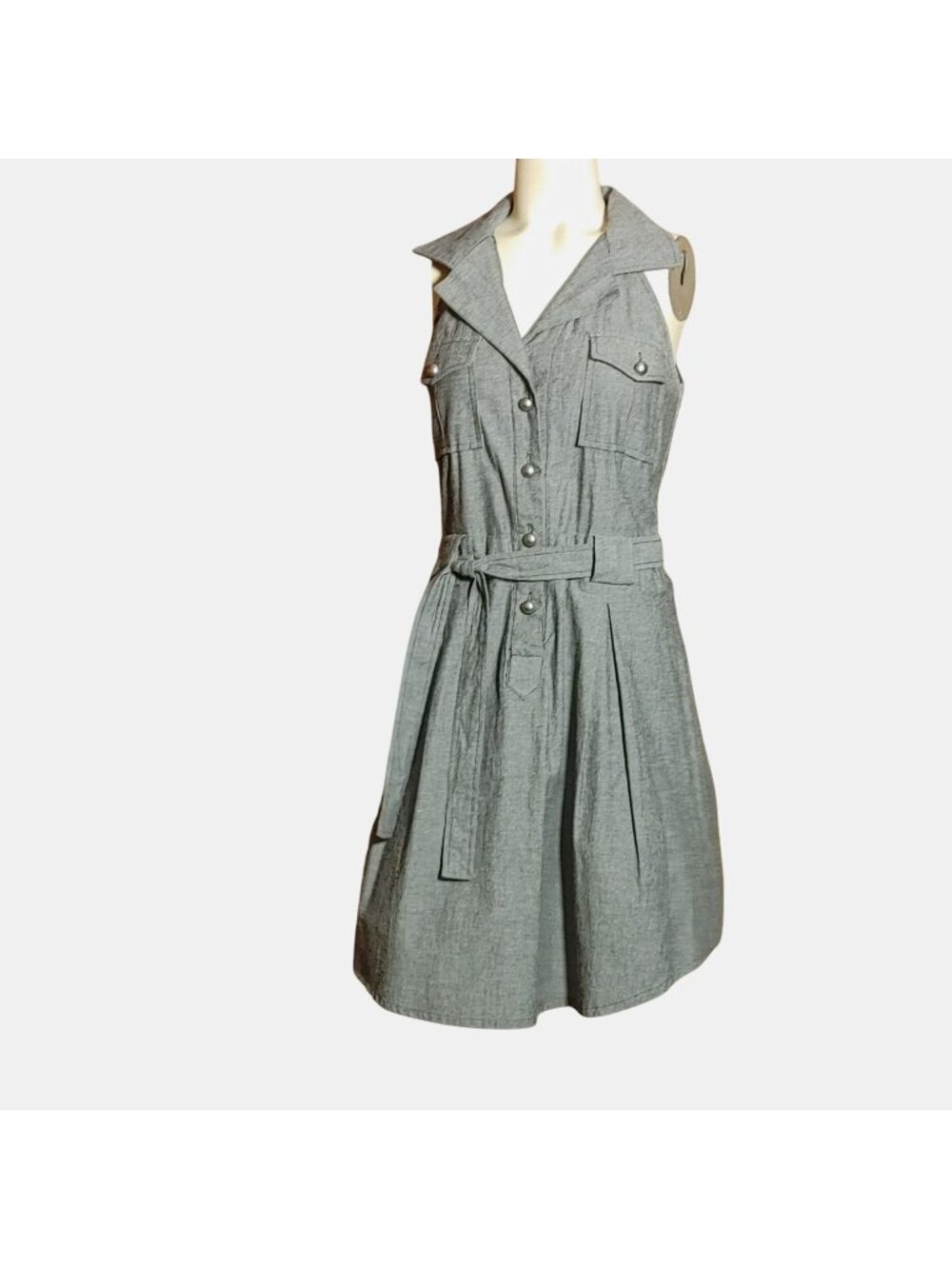 Derek Heart Sleeveless Denim Gray Shirt Dress Large Belted Button Front Pocket